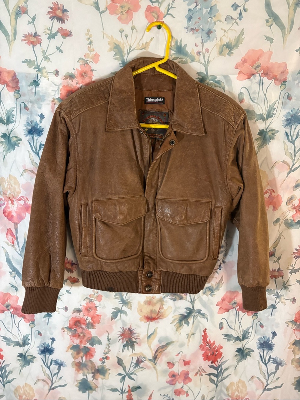 3M Thinsulate Brown Leather Bomber Jacket with Front Flap Pockets